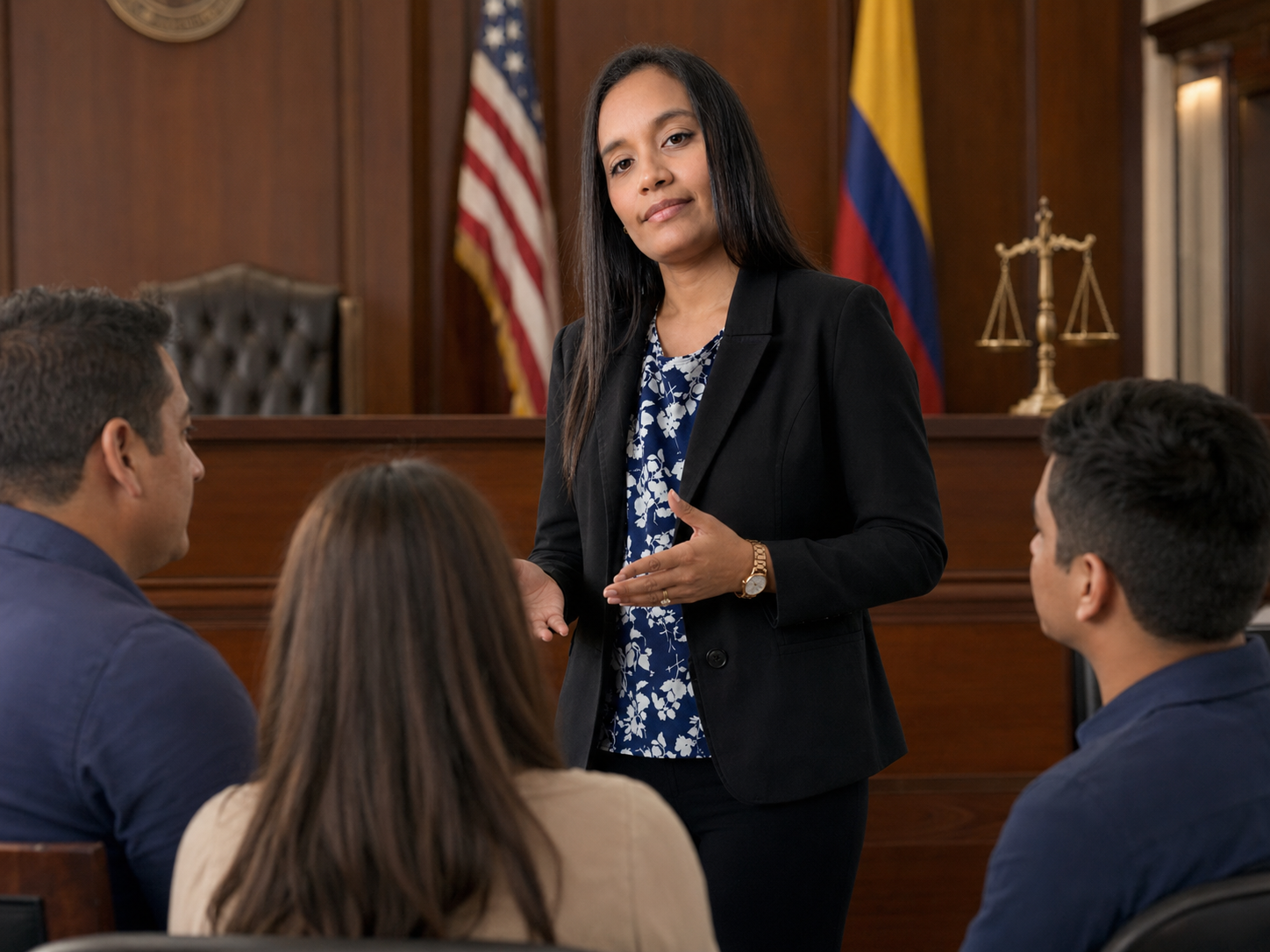 Abogada Daniela García Nieto en sala de audiencias con banderas de Colombia y clientes