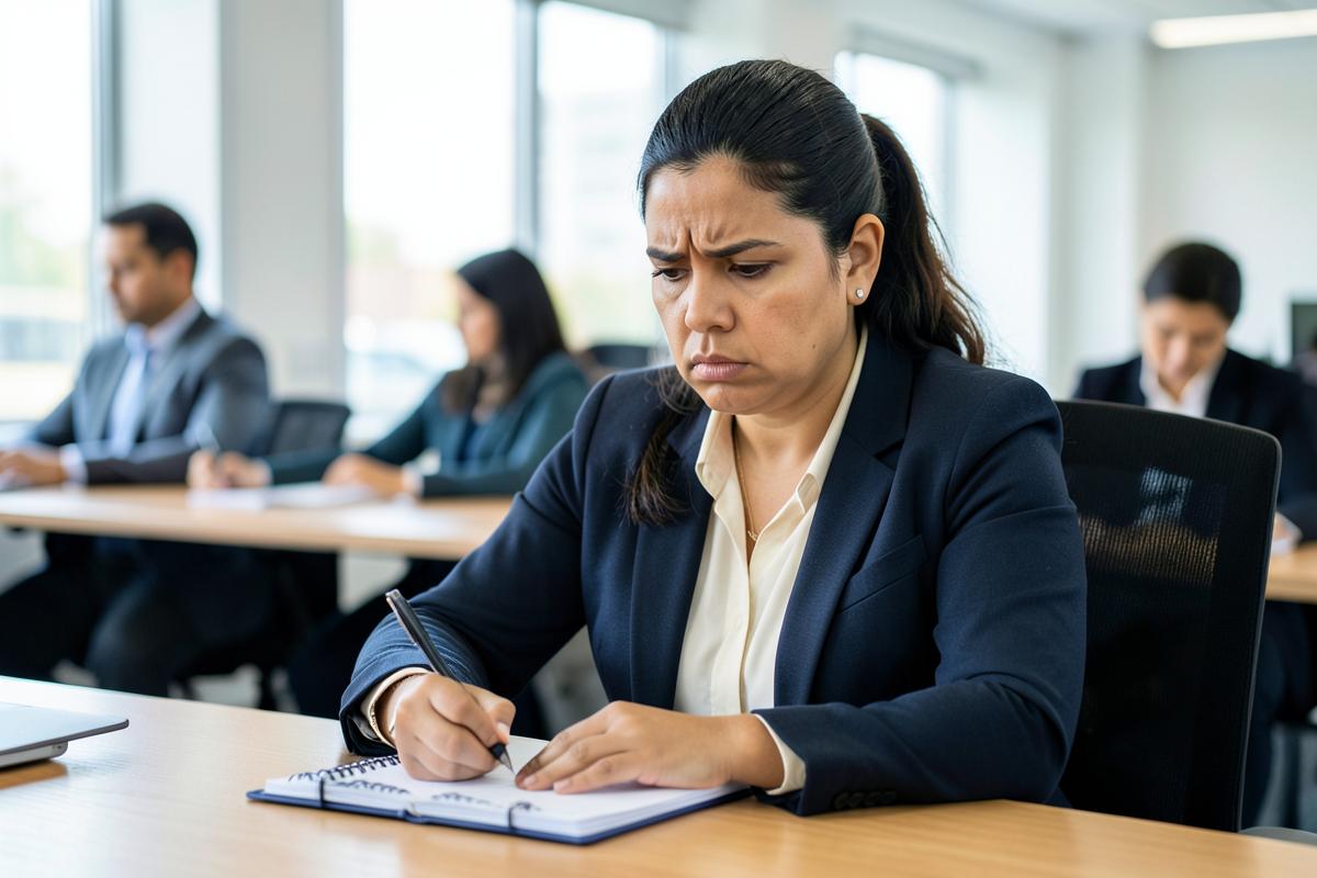Trabajadora colombiana documentando una situación de posible acoso laboral
