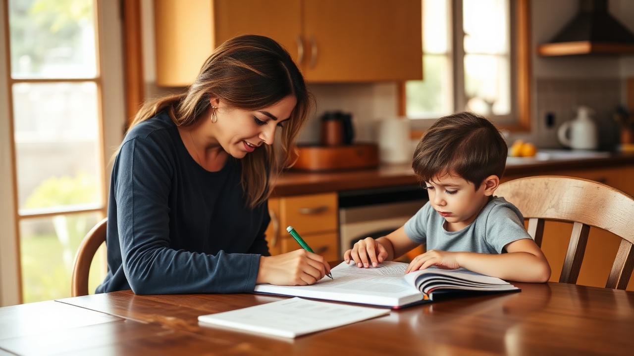 Madre e hijo haciendo tareas — cuota alimentaria en Colombia