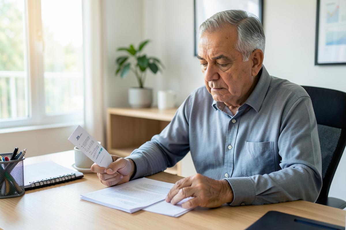 Padre colombiano revisando documentos sobre cuota alimentaria de un hijo mayor de edad