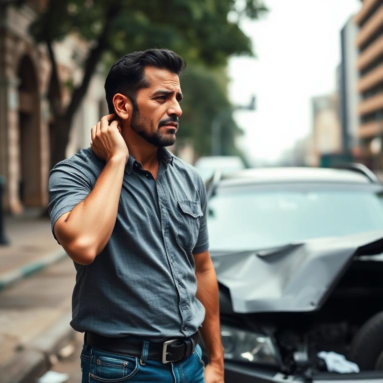 Hombre colombiano tras un accidente de tránsito con dolor cervical junto a su vehículo